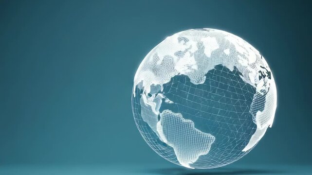 A 3D rendered transparent Earth globe with luminous grid lines represents innovation and digital transformation. The image symbolizes global networks, data exchange, and international cooperation