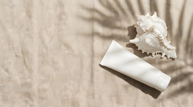 Blank white cosmetic tube and seashell on beige textured fabric background with palm leaf shadows, top down flat lay of skincare product container mockup with negative space.