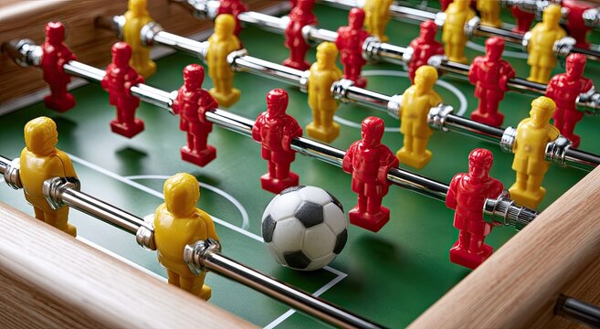 Close-up of Table Football Game with Red and Yellow Players and Ball.