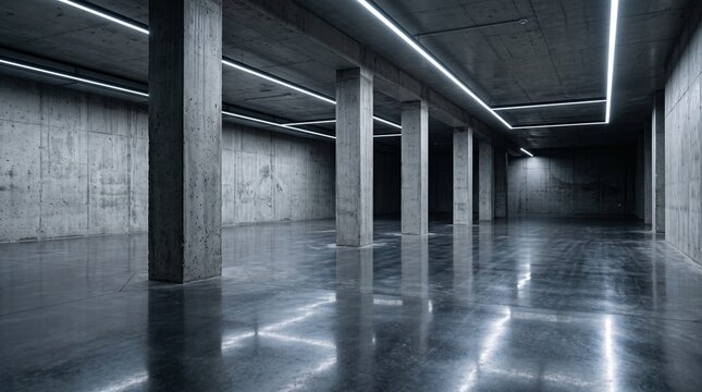 Modern empty concrete basement interior featuring exposed concrete walls, structural columns, polished reflective floor, and bright linear LED lighting.