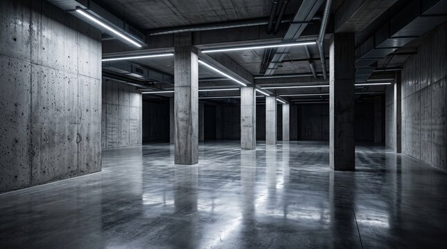 Modern empty concrete basement interior featuring exposed concrete walls, structural columns, polished reflective floor, and bright linear LED lighting.