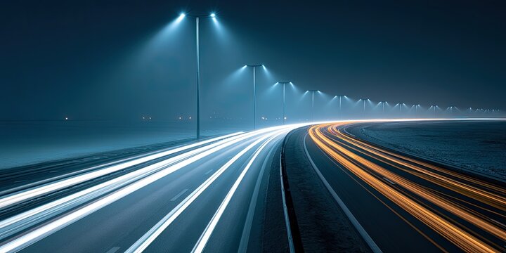 Long exposure of a highway at night with light trails from cars under streetlights.
