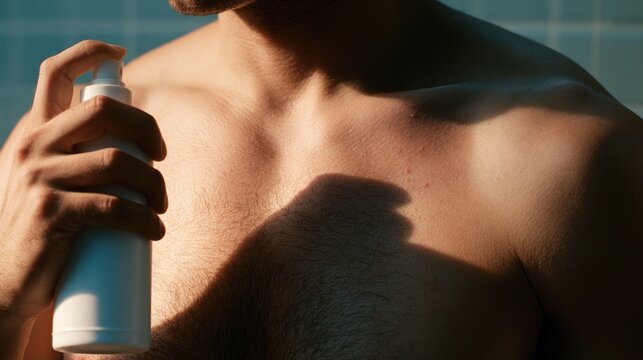 Man Applying Deodorant Spray to Chest for Freshness and Confidence.