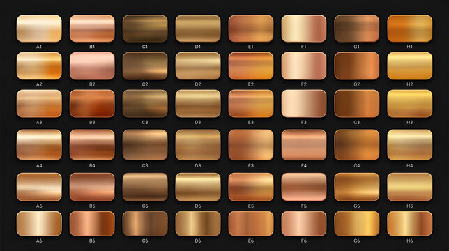 Collection of metallic gold gradients set vector swatches for bronze copper and shiny metal texture