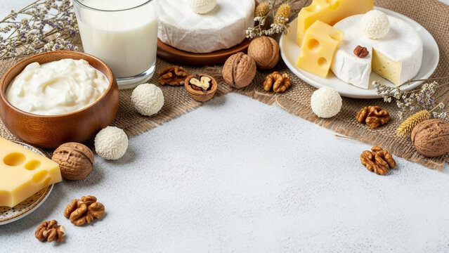 Assortment of dairy products like cheese and yogurt, nuts, and sweet treats arranged on burlap and a light textured surface. Natural light illuminates the rustic scene.
