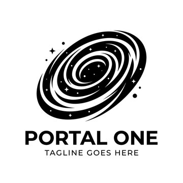Swirling portal vortex logo with stars and cosmic motion. Targeted at tech, science fiction, gaming, or astronomy niches.