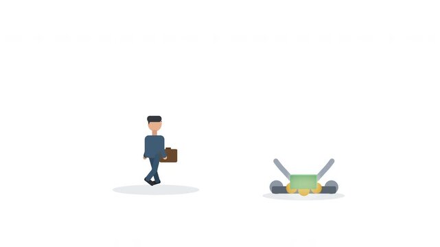 Worried man in suit walks toward financial trap, risk concept animation