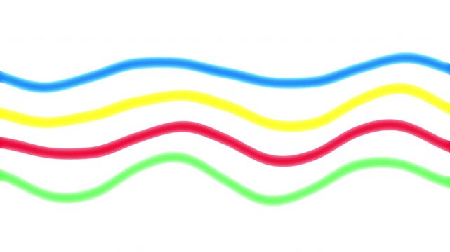 Colorful abstract motion graphic with smooth parallel curved lines flowing, vibrant blue, yellow, red, green