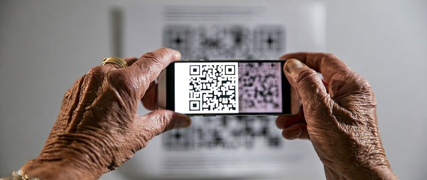 Elderly hands holding a smartphone to scan a QR code displayed on a paper.