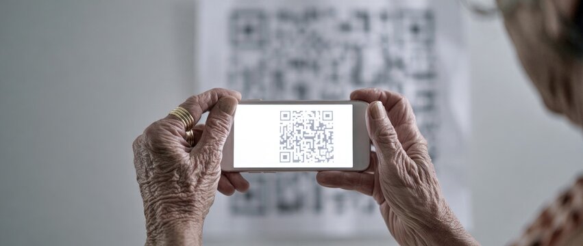 Elderly persons hands holding a smartphone to capture a QR code on a wall.