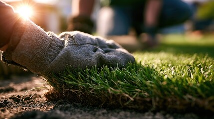 Fototapeta premium Gardeners Hands Laying Fresh Sod on a Sunny Day.