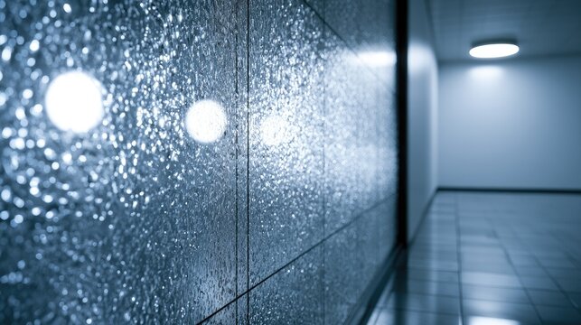 Modern Escalator Interior with Textured Wall and Lighting.