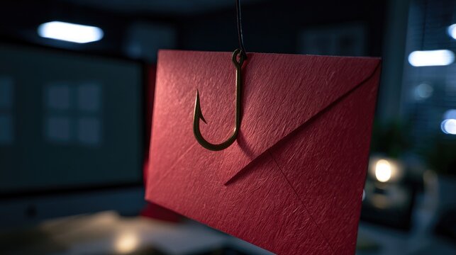 Red Envelope Suspended on Fishing Hook Symbolizing Phishing Scam.