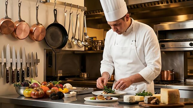 Professional chef plating gourmet dish in restaurant kitchen.
