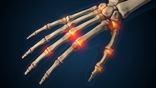 Human hand skeletal anatomy highlighting finger joint arthritis with skeleton