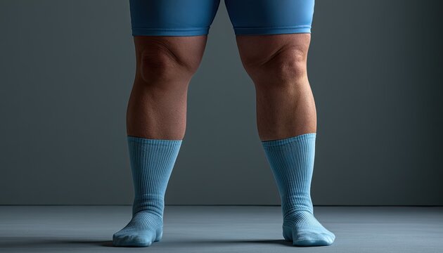 Close-up of Muscular Legs and Calves of a Bodybuilder in Blue Socks and Shorts.