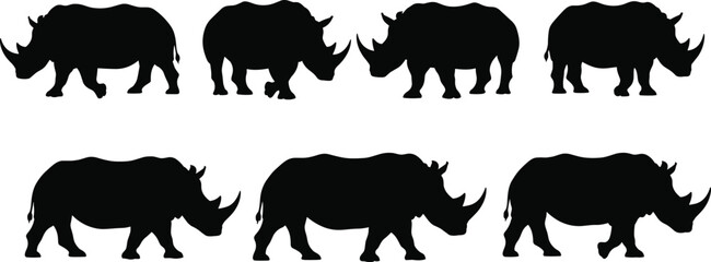 Rhinoceros silhouette illustration set, wildlife animal artwork, safari nature vector drawing concept © Fenshi