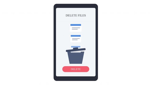 Flat design animation deleting document from smartphone screen, data management concept