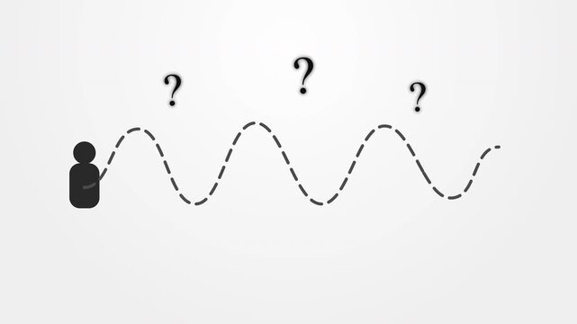 Man facing complex problem with questions and winding path, business challenge concept