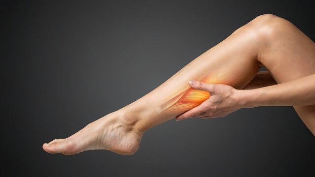 Human leg muscle cramp and calf pain concept highlighted by hand with soreness