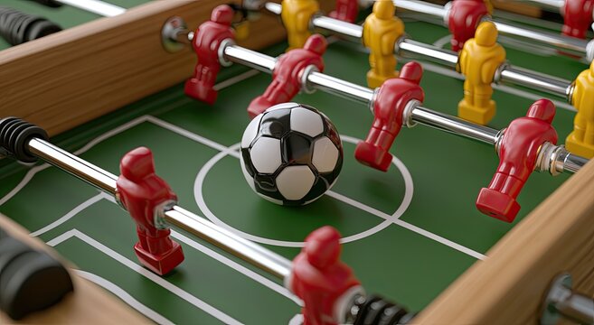 Close up of a foosball table with a soccer ball.