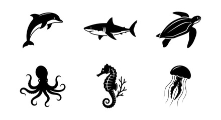 Fototapeta premium Marine Life Icons Set: Dolphin, Shark, Turtle, Octopus, Seahorse, Jellyfish Vector Graphics