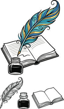 Writing and education line icon set featuring pens pencils paper documents book computer desk and quill vector illustration