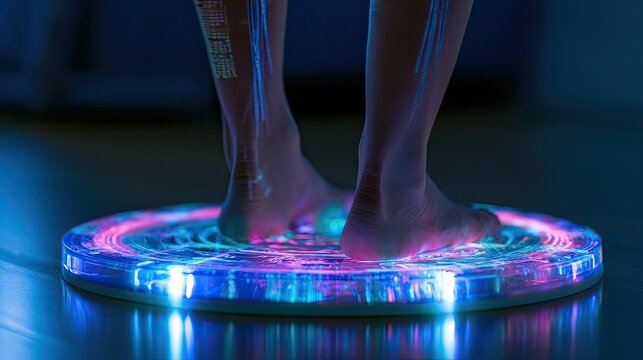 Person Standing on a Futuristic Glowing LED Platform.