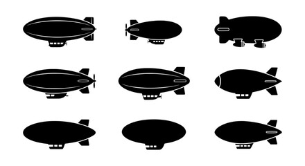 Set of 9 Black Airship Icons, Zeppelin Vector Graphics, Vintage Aircraft Collection, Retro Transportation Symbols © Hawladar