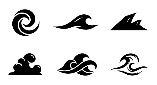 Set of 6 Black Wave Icons, Ocean Swirl and Water Splash Vector Graphics, Sea Element Symbols