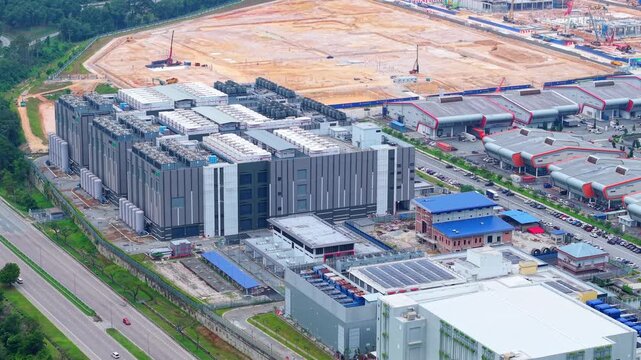 Nusajaya Tech Park Data Center Solar Panel Aerial Tracking Shot - Renewable Energy Net Zero Malaysia 4K
