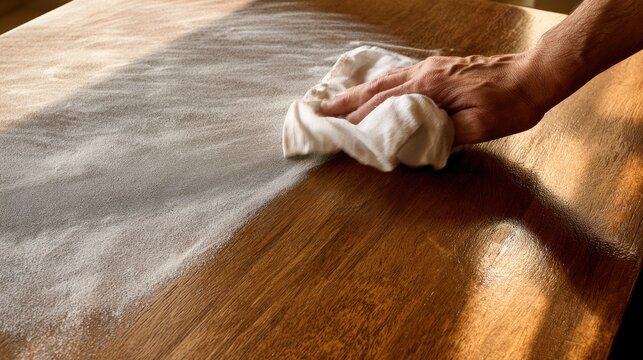 Close-up of a hand polishing a wooden surface with a cloth.