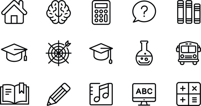Educational line icons set featuring school elements like graduation cap calculator school bus books pencil and brain vector illustration for student learning website
