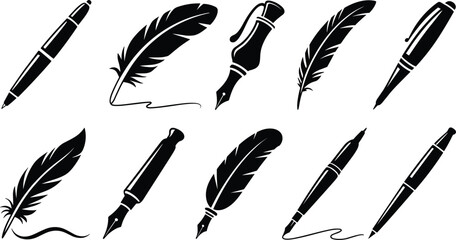 Collection of black silhouette icons featuring vintage feather quill pens retro fountain pens and modern ballpoint writing instruments isolated on white background © mdhusne