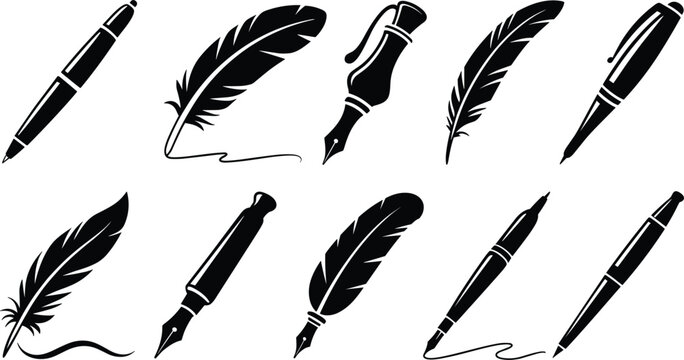 Collection of black silhouette icons featuring vintage feather quill pens retro fountain pens and modern ballpoint writing instruments isolated on white background