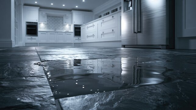 Kitchen Flood Damage and Water Leakage in Modern Home Interior.