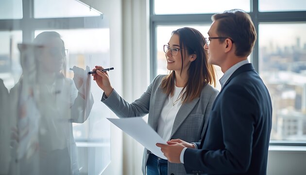 Collaborative Brainstorming: A focused business meeting where a male and female colleague brainstorm ideas, with the woman writing on a glass board while the man holds documents.