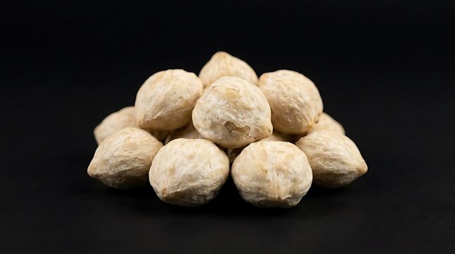Raw candlenuts piled on black background.