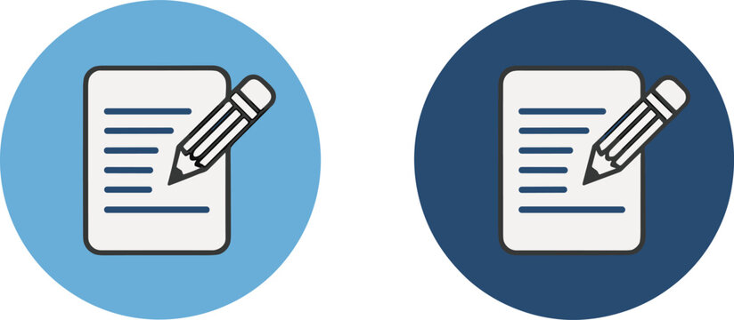 Document editing and note taking circular vector icon set featuring paper sheets with text lines and pencils in light and dark blue styles.