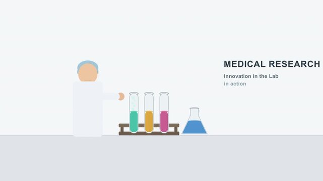 Cartoon doctor doing medical research analysis in laboratory with colorful test tubes