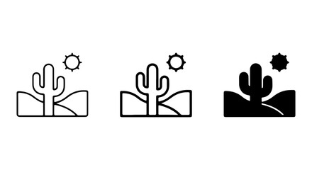 Desert Landscape Icons: Saguaro Cactus, Sun, Arid Terrain. Vector Set © anis