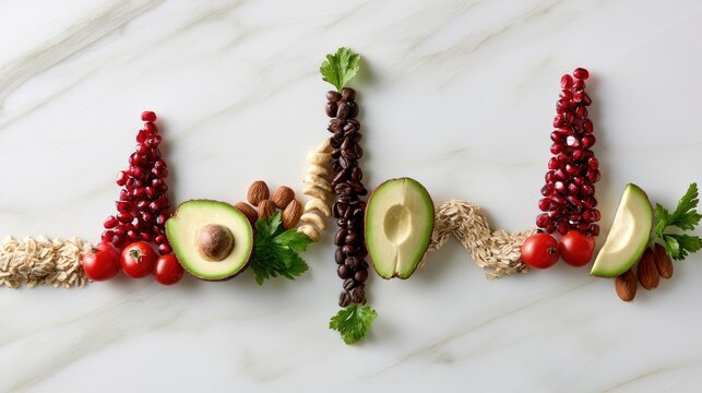 Healthy Food Arrangement with Avocado and Pomegranate on Marble Surface.