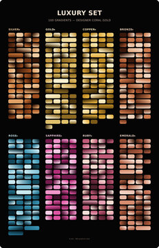 Luxury metallic gradient set with 240 swatches, gold silver copper and bronze metal textures, premium jewelry color palette for graphic design
