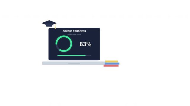 E-learning animation shows graduation cap and progress bar for online courses