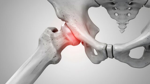 Anatomical view of hip joint pain and inflammation in human pelvis with skeletal