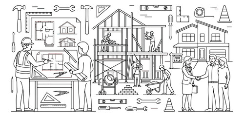 Obraz premium House construction line art vector, architectural blueprint planning and building process, real estate development and home buying scene