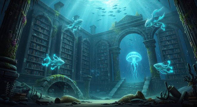 Underwater cityscape with glowing jellyfish. Futuristic ocean environment with vibrant bioluminescent marine life.
