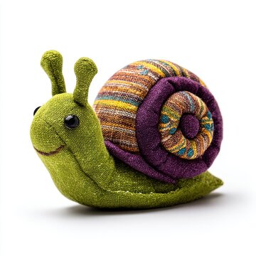 Cute Fabric Snail Toy With Green Body And Striped Purple Shell On A White Studio Background