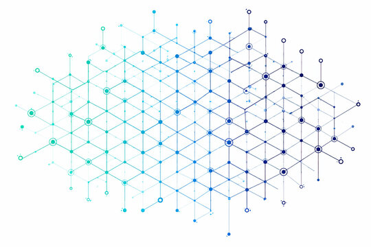 Abstract geometric cube shape made of glowing blue and purple dots