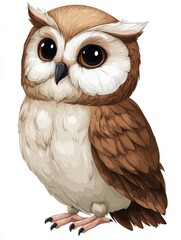 Fototapeta premium Cute Little Brown Owl With Large Dark Eyes Sitting Against A Clean Plain White Background